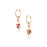14K Pink Tourmaline Heart Drop Earrings on Diamond Huggies