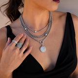Triple Belcher Layer Chain Necklace with 3 Diamond Cobblestone Ball Beads - 18"