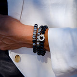 Black Onyx & Silver Ball Beaded Bracelet with Diamond Rondelles - 8mm