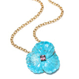 14k Carved Turquoise Orchid Necklace with Pink Tourmaline Center "One of a Kind"