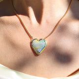 14k Gold Australian Opal Diamond Heart on Curb Chain Necklace "One of a Kind"
