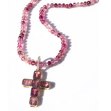 14k Pink Tourmaline Bezel Set Cross Pendant on Pink Tourmaline Necklace - One of a Kind