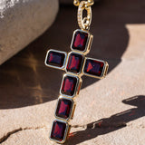 14k Garnet Bezel Set Cross Pendant on Ball Bead Chain - One of a Kind