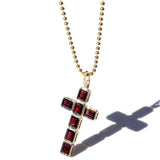 14k Garnet Bezel Set Cross Pendant on Ball Bead Chain - One of a Kind