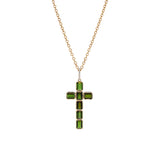 14k Green Tourmaline Bezel Set Cross Pendant on Cable Chain - One of a Kind