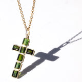 14k Green Tourmaline Bezel Set Cross Pendant on Cable Chain - One of a Kind