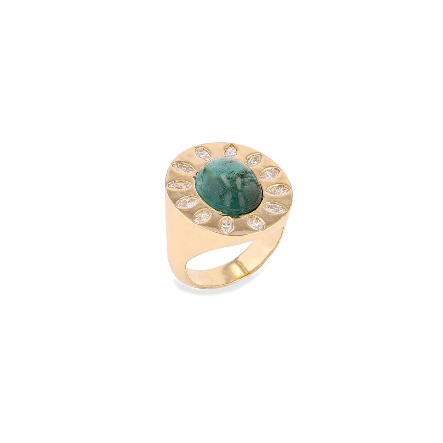 14k Teal Tourmaline Cabochon Ring with Marquis Diamond Flower 