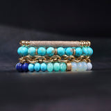 Blue Mix Beaded Bracelet with 3 14k Diamond Rondelles - 8mm