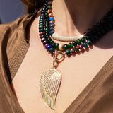 14k Diamond Angel Wing on Hand Knotted Ethiopian Black Opal Necklace