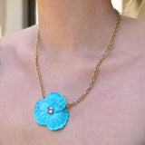 14k Carved Turquoise Orchid Necklace with Pink Tourmaline Center "One of a Kind"