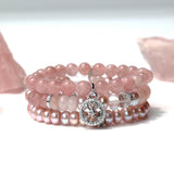 Rose Quartz Bracelet with Diamond Open Clover Charm - 8mm