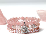 Rose Quartz Bracelet with Diamond Open Clover Charm - 8mm