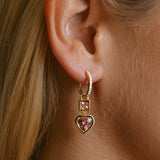 14K Pink Tourmaline Heart Drop Earrings on Diamond Huggies