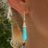 14k Kingman Turquoise Teardrop Earrings on Diamond French Hooks "One of a Kind"