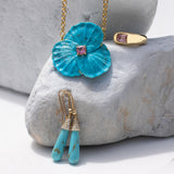 14k Carved Turquoise Orchid Necklace with Pink Tourmaline Center "One of a Kind"