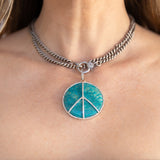Chrysocolla Peace Pendant on Curb Chain Necklace - 38"