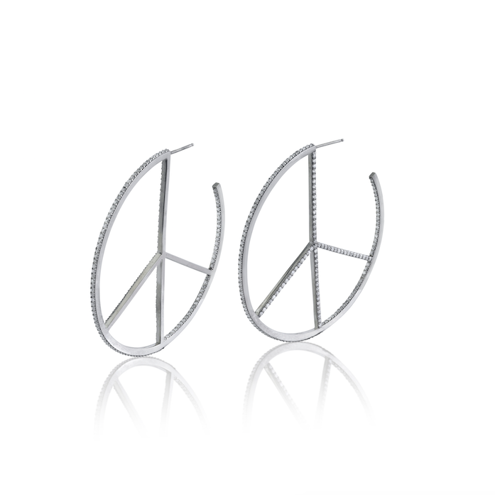 Peace Sign Pave Diamond Hoop Earrings